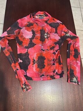Floral Sheer  Mock Neck Long-Sleeve Tee - Red/Pink